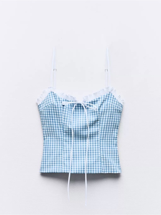 Zara Tops - Blue Gingham Lace-Trim Top